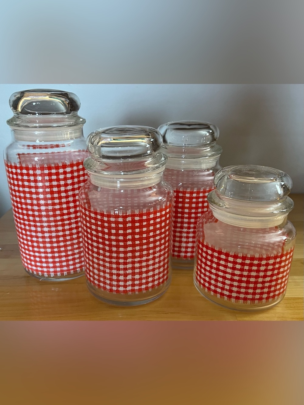 Vintage Anchor Hocking Glass Red Gingham Gingham Bubble Top Canister Set of 4